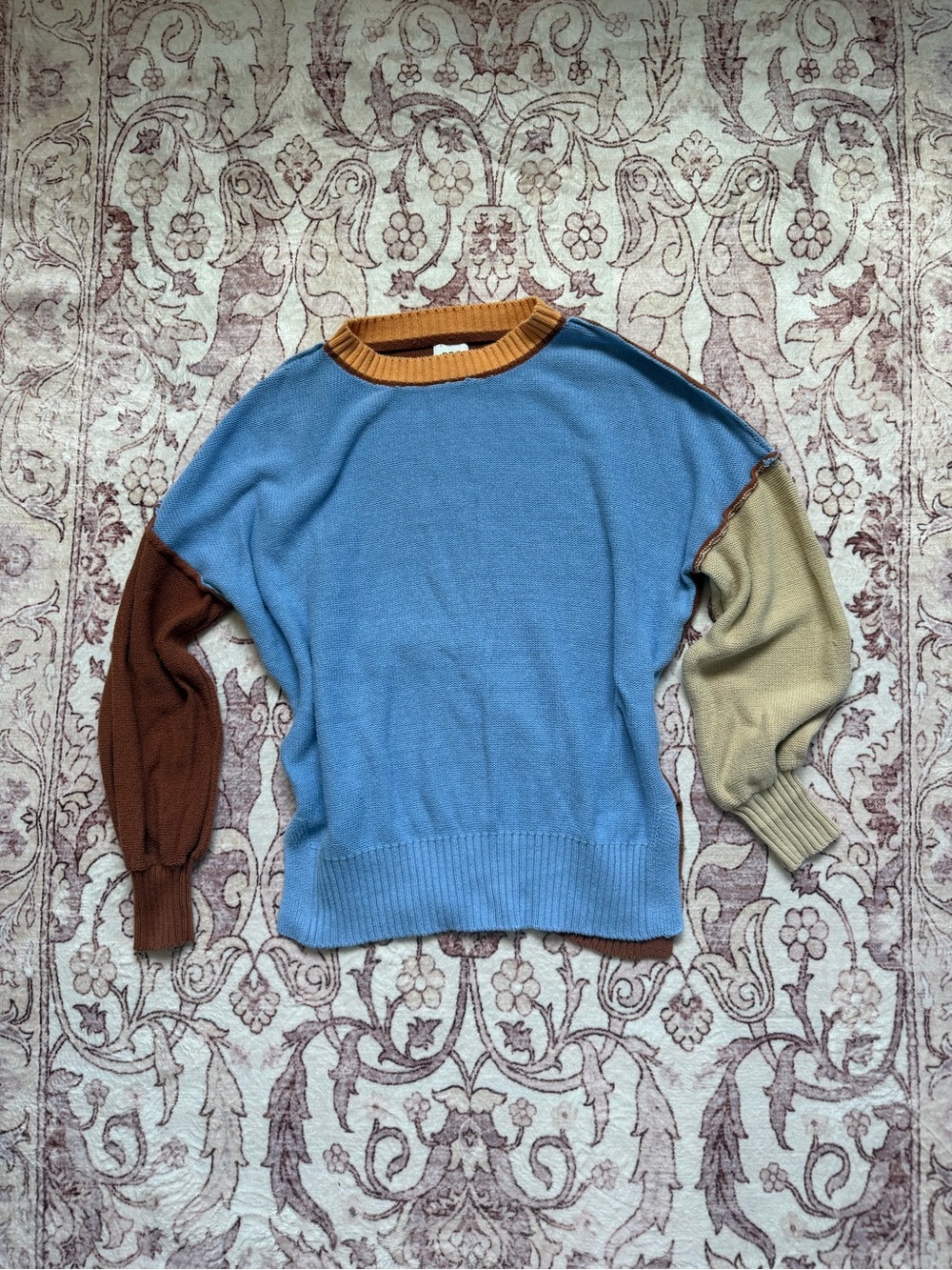 Tri-color Crewneck Sweater - Blue with Brown & Tan Sleeves